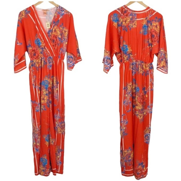 FLYING TOMATO Red Floral Faux Wrap Wide Leg Jumpsuit NWT Small